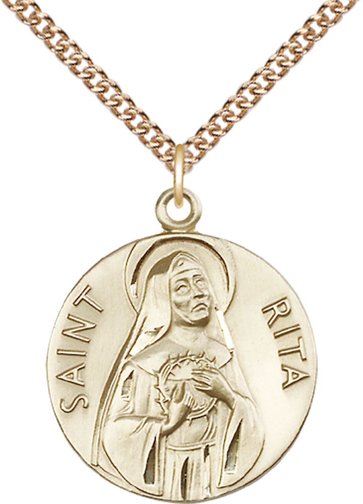 14kt Gold Filled Saint Rita of Cascia Pendant on a 24 inch Gold Filled Heavy Curb chain