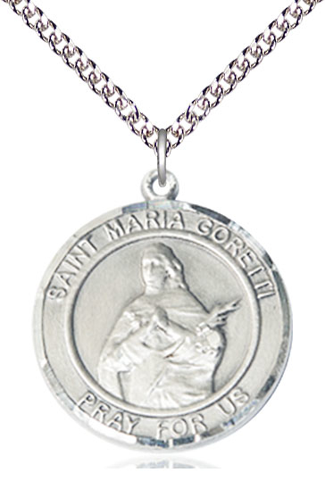 Sterling Silver Saint Maria Goretti Pendant on a 24 inch Sterling Silver Heavy Curb chain