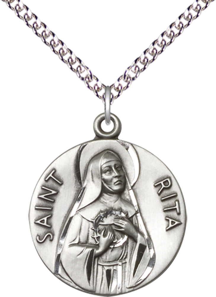 Sterling Silver Saint Rita of Cascia Pendant on a 24 inch Sterling Silver Heavy Curb chain