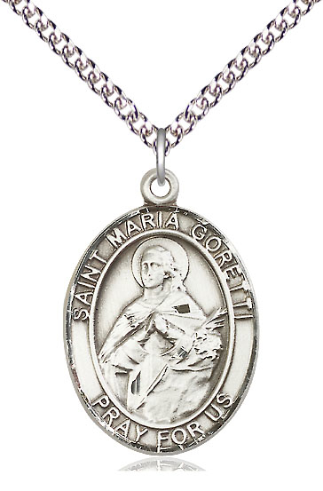 Sterling Silver Saint Maria Goretti Pendant on a 24 inch Sterling Silver Heavy Curb chain