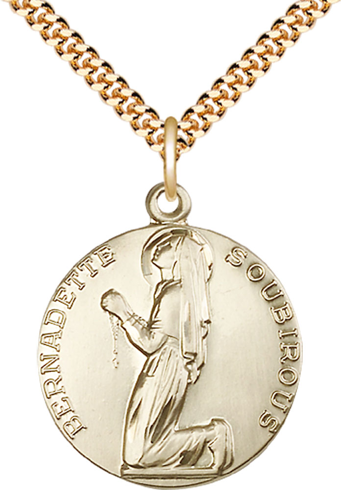 14kt Gold Filled Saint Bernadette Pendant on a 24 inch Gold Plate Heavy Curb chain