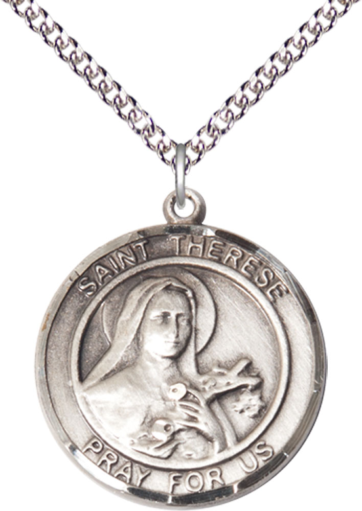 Sterling Silver Saint Therese of Lisieux Pendant on a 24 inch Sterling Silver Heavy Curb chain
