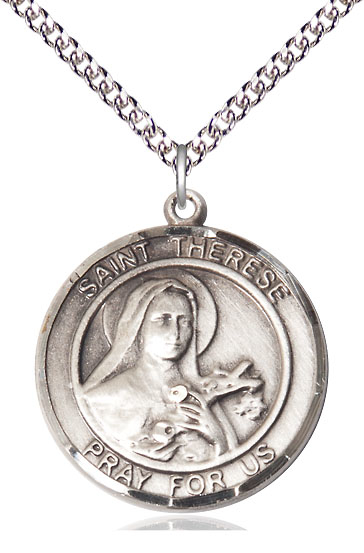 Sterling Silver Saint Therese of Lisieux Pendant on a 24 inch Sterling Silver Heavy Curb chain