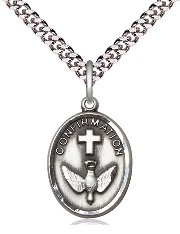 Sterling Silver Confirmation Pendant on a 24 inch Light Rhodium Heavy Curb chain