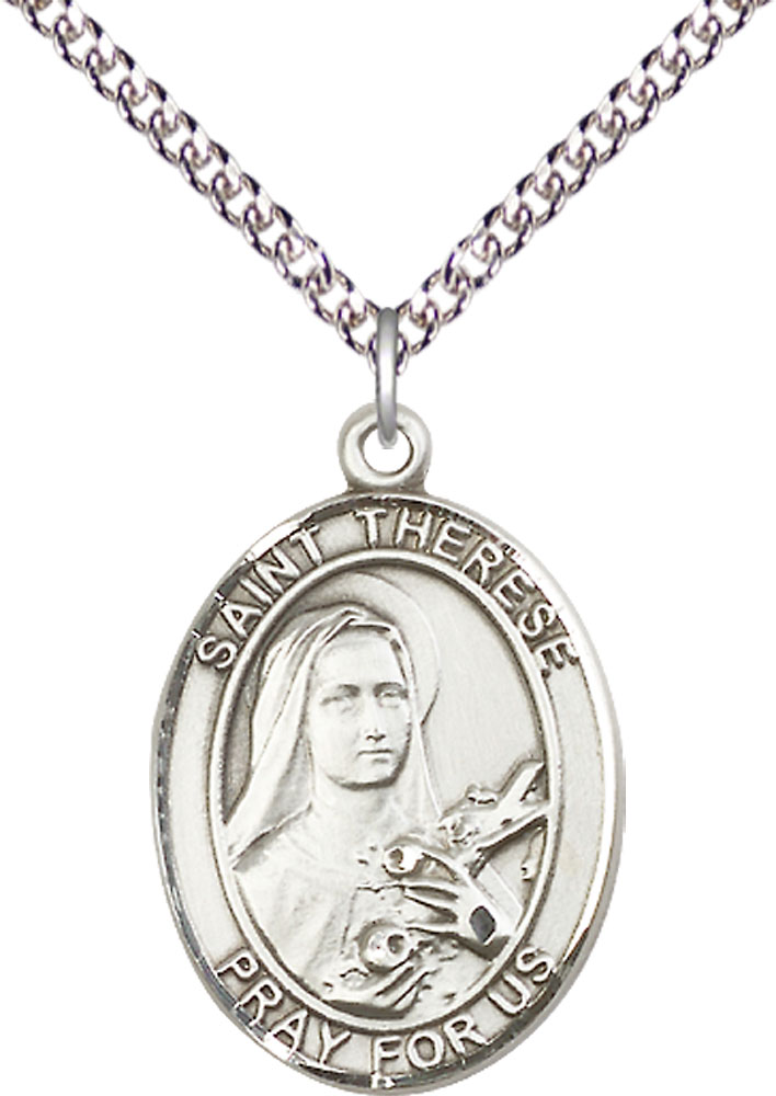 Sterling Silver Saint Therese of Lisieux Pendant on a 24 inch Sterling Silver Heavy Curb chain