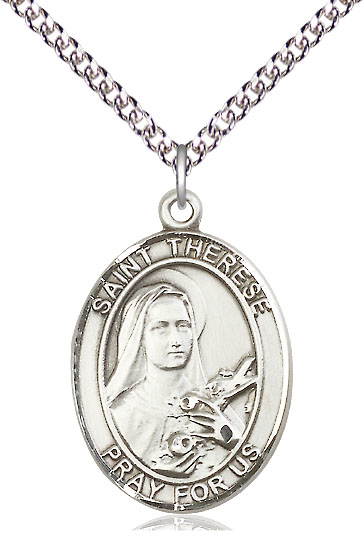 Sterling Silver Saint Therese of Lisieux Pendant on a 24 inch Sterling Silver Heavy Curb chain