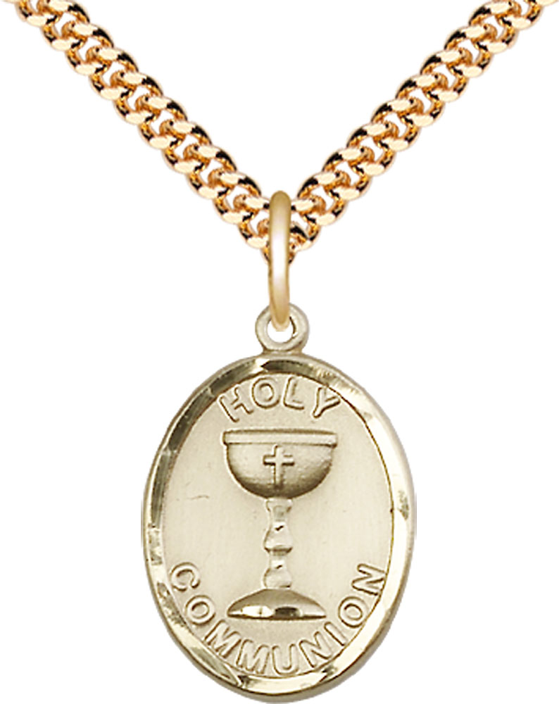 14kt Gold Filled Holy Communion Pendant on a 24 inch Gold Plate Heavy Curb chain