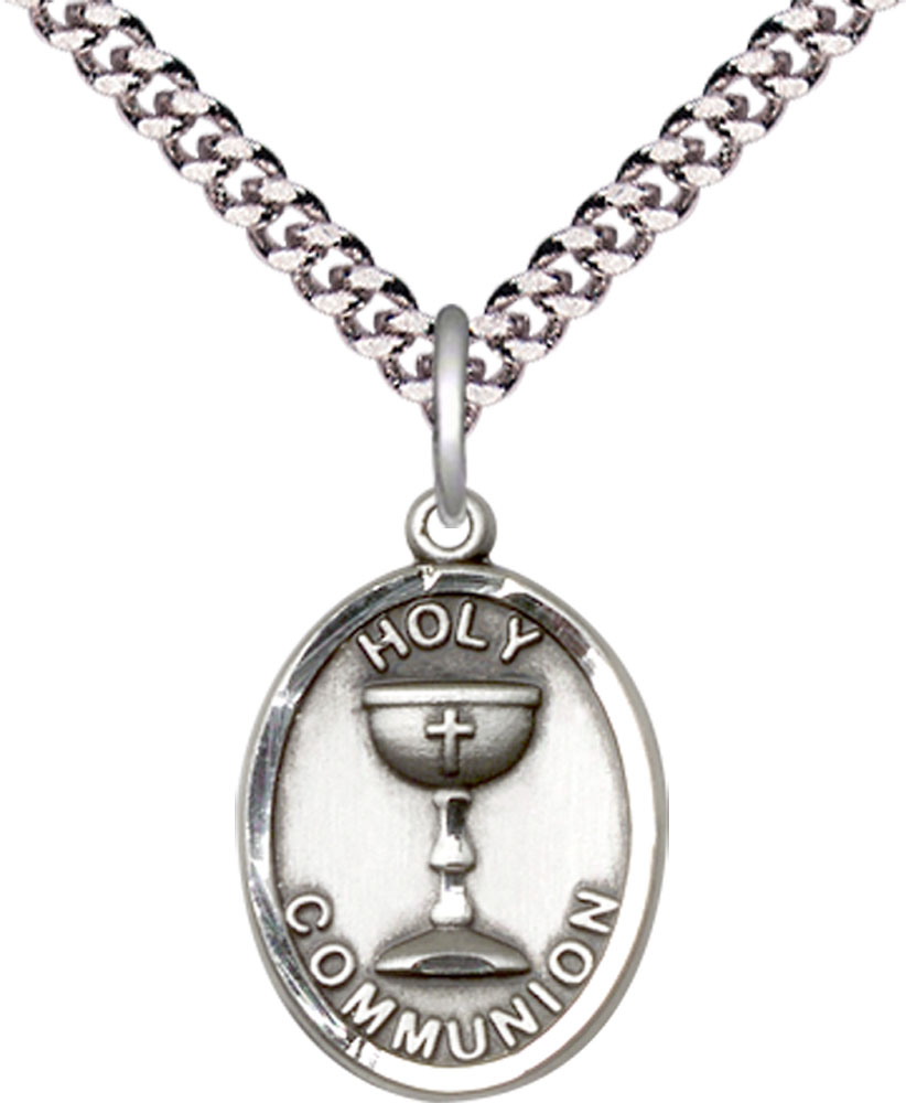 Sterling Silver Holy Communion Pendant on a 24 inch Light Rhodium Heavy Curb chain