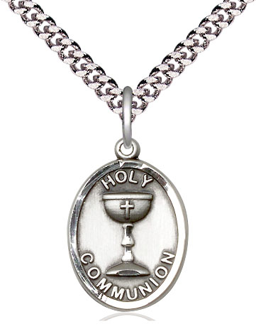 Sterling Silver Holy Communion Pendant on a 24 inch Light Rhodium Heavy Curb chain