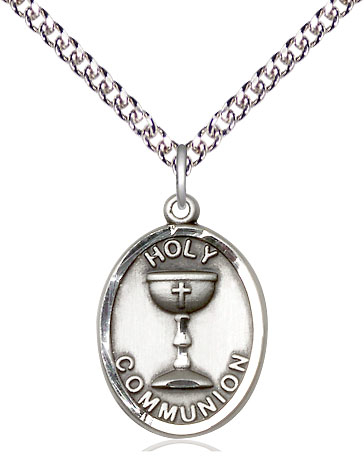 Sterling Silver Holy Communion Pendant on a 24 inch Sterling Silver Heavy Curb chain