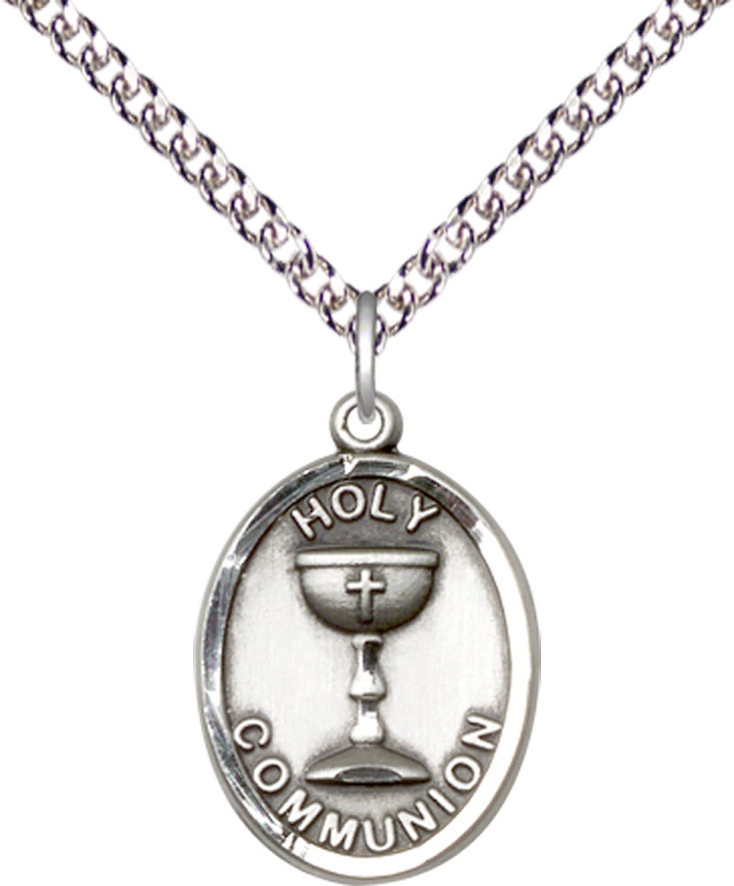 Sterling Silver Holy Communion Pendant on a 24 inch Sterling Silver Heavy Curb chain