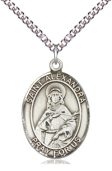 Sterling Silver Saint Alexandra Pendant on a 24 inch Sterling Silver Heavy Curb chain