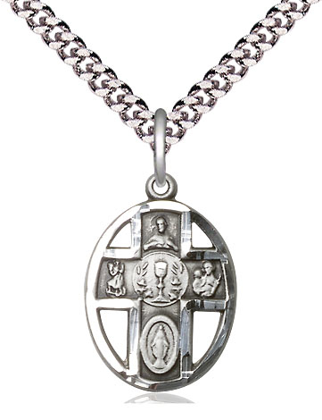Sterling Silver 5-Way / Chalice Pendant on a 24 inch Light Rhodium Heavy Curb chain
