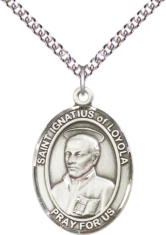 Sterling Silver Saint Ignatius of Loyola Pendant on a 24 inch Sterling Silver Heavy Curb chain