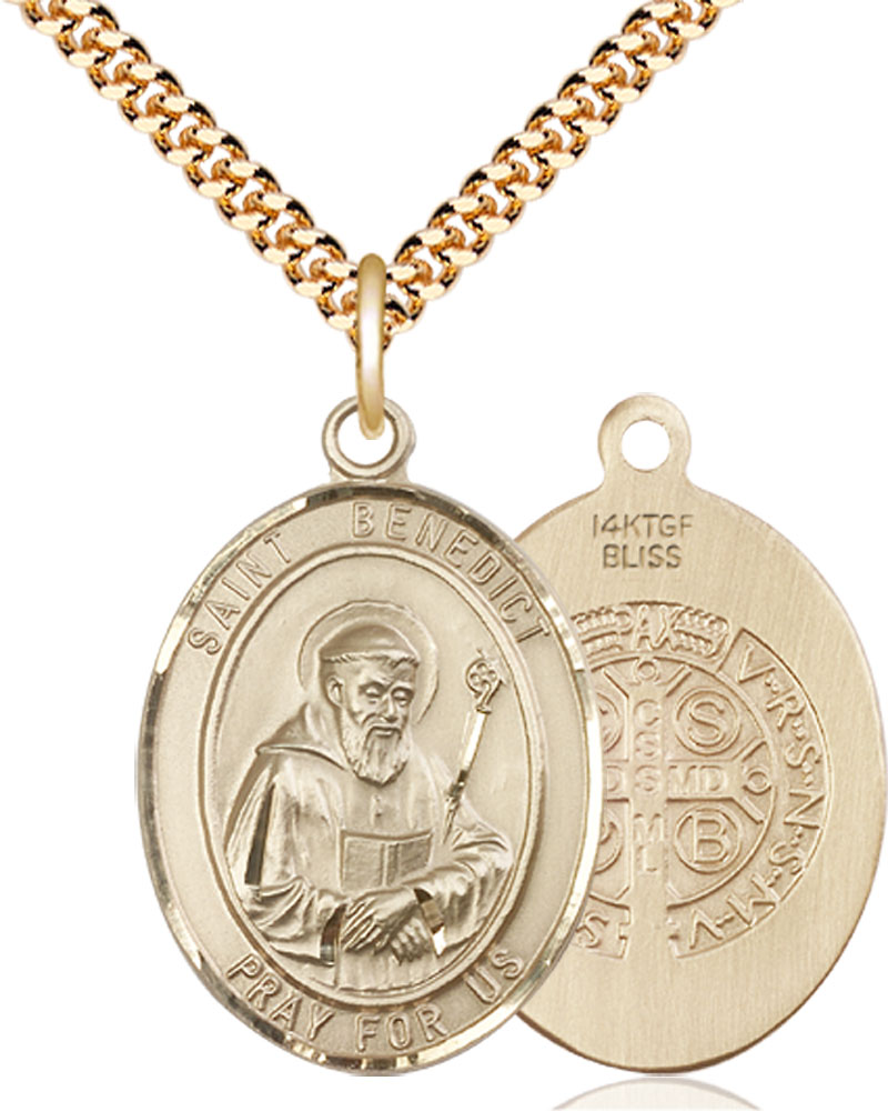 14kt Gold Filled Saint Benedict Pendant on a 24 inch Gold Plate Heavy Curb chain
