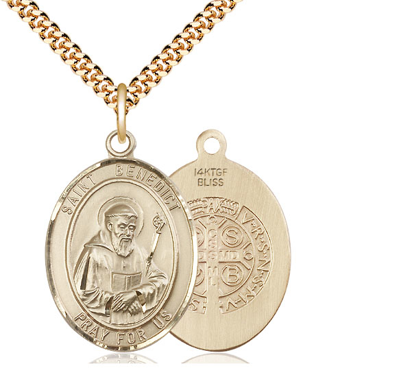 14kt Gold Filled Saint Benedict Pendant on a 24 inch Gold Plate Heavy Curb chain