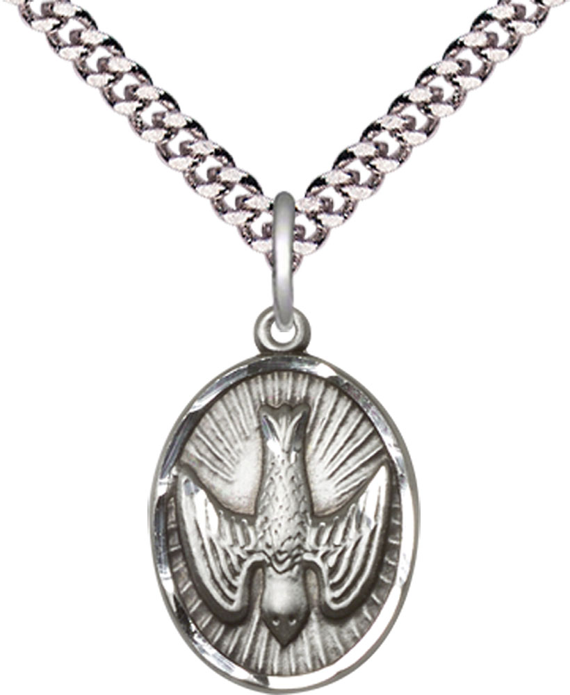Sterling Silver Holy Spirit Pendant on a 24 inch Light Rhodium Heavy Curb chain