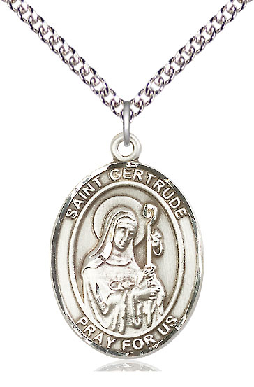 Sterling Silver Saint Gertrude of Nivelles Pendant on a 24 inch Sterling Silver Heavy Curb chain