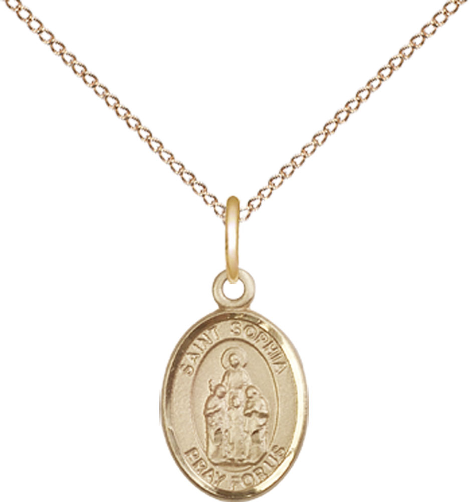 14kt Gold Filled Saint Sophia Pendant on a 18 inch Gold Filled Light Curb chain