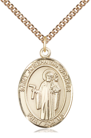 14kt Gold Filled Saint Joseph the Worker Pendant on a 24 inch Gold Filled Heavy Curb chain