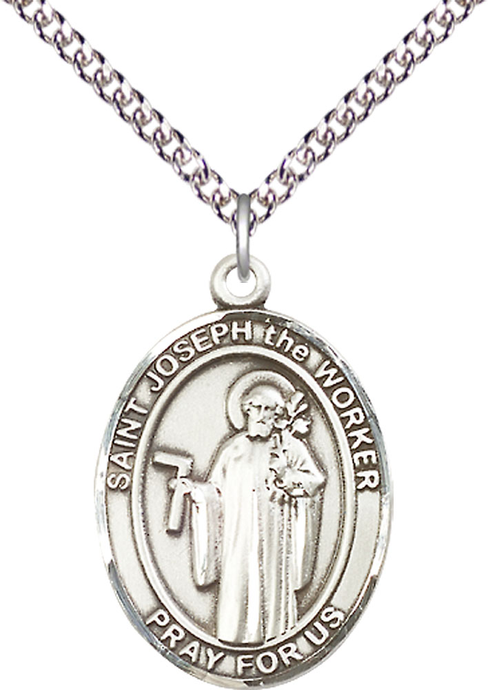 Sterling Silver Saint Joseph the Worker Pendant on a 24 inch Sterling Silver Heavy Curb chain