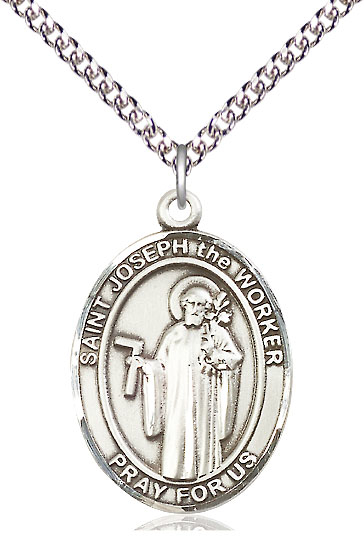 Sterling Silver Saint Joseph the Worker Pendant on a 24 inch Sterling Silver Heavy Curb chain