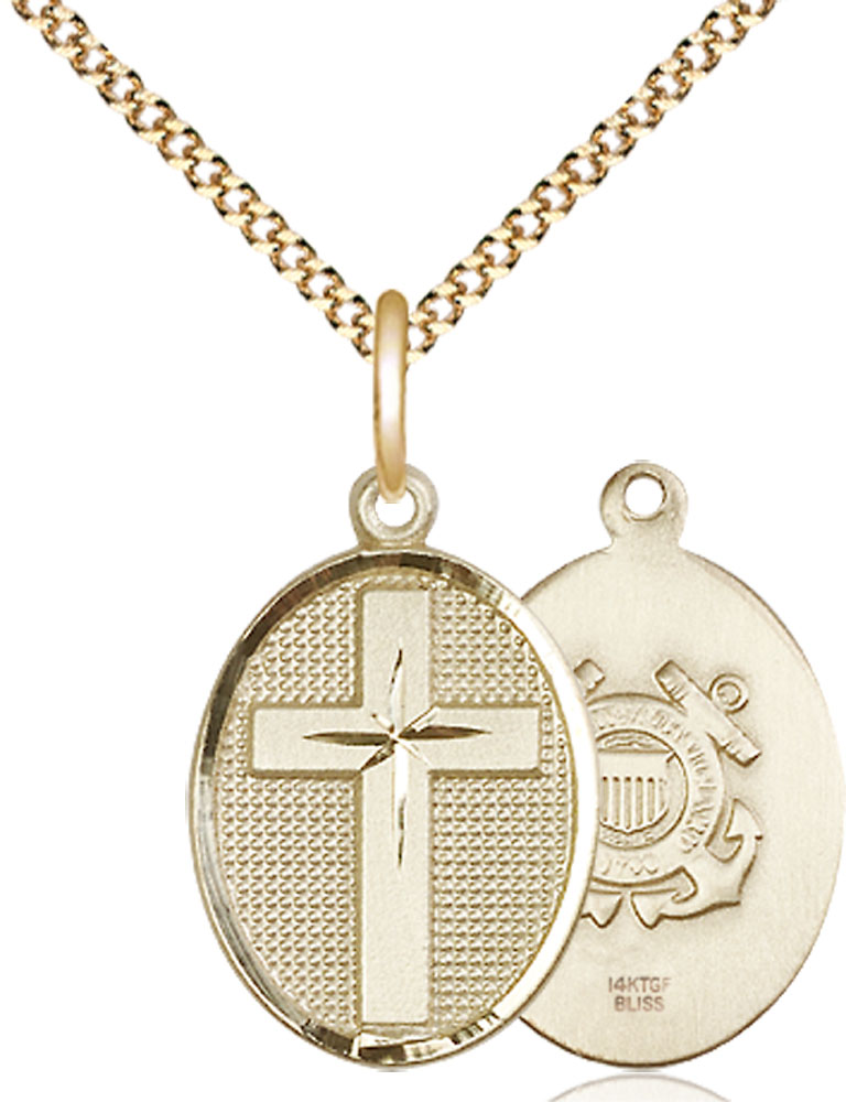 14kt Gold Filled Cross Coast Guard Pendant on a 18 inch Gold Plate Light Curb chain