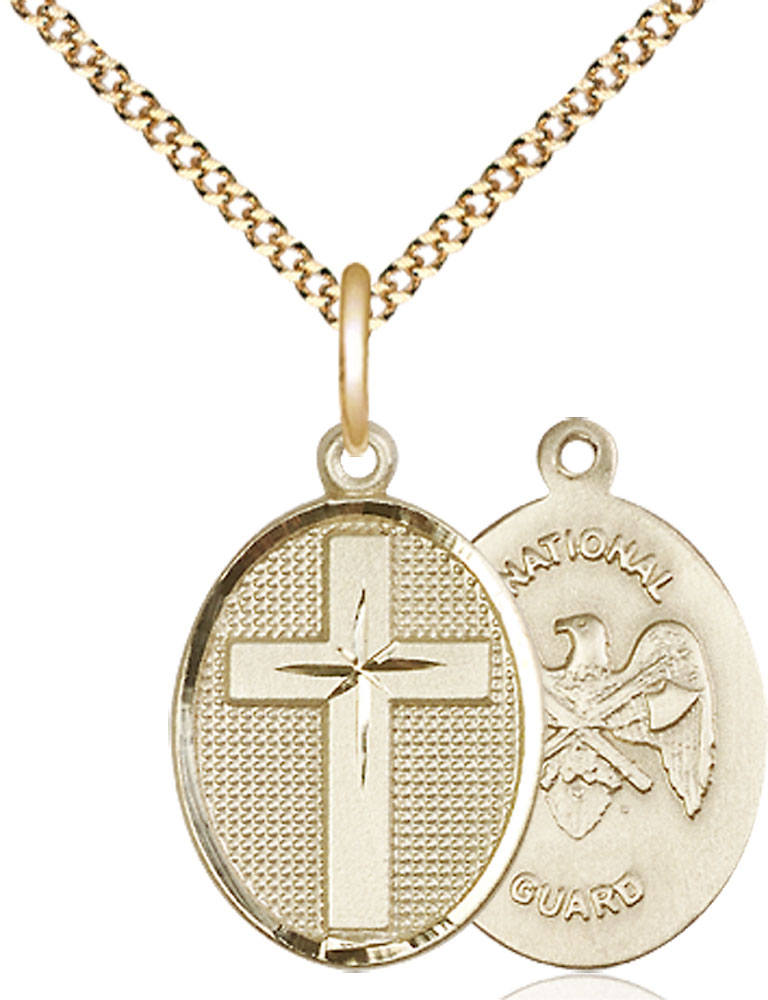 14kt Gold Filled Cross National Guard Pendant on a 18 inch Gold Plate Light Curb chain