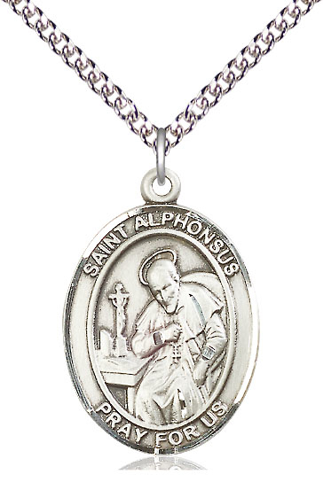 Sterling Silver Saint Alphonsus Pendant on a 24 inch Sterling Silver Heavy Curb chain