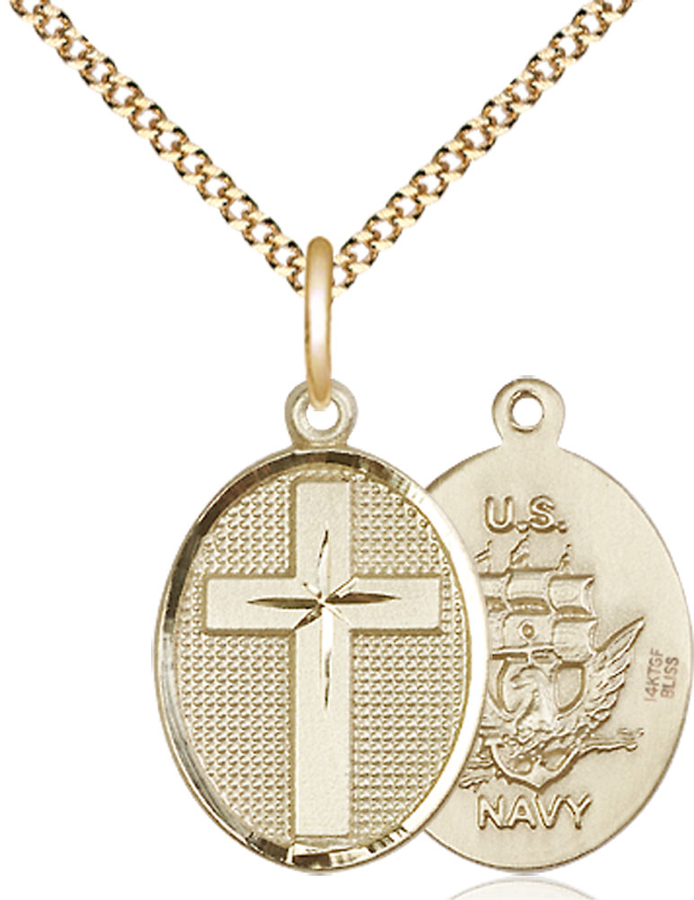 14kt Gold Filled Cross Navy Pendant on a 18 inch Gold Plate Light Curb chain