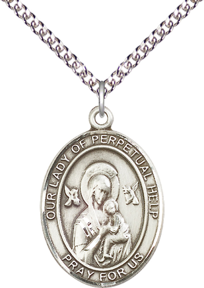 Sterling Silver Our Lady of Perpetual Help Pendant on a 24 inch Sterling Silver Heavy Curb chain
