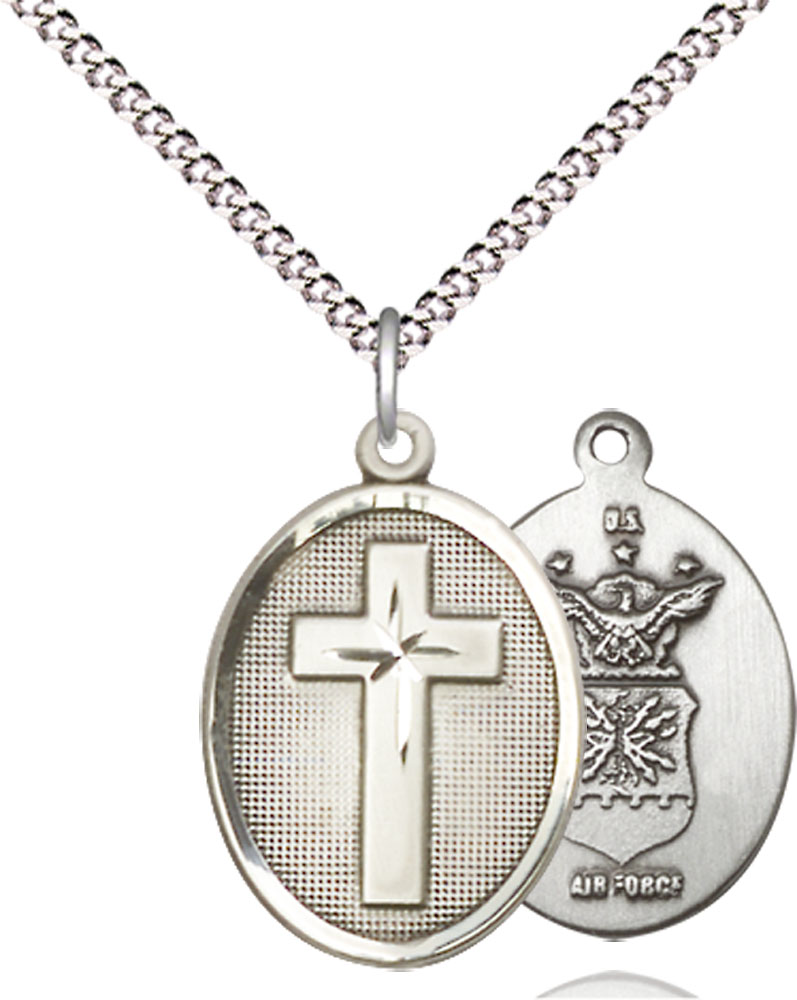 Sterling Silver Cross Air Force Pendant on a 18 inch Light Rhodium Light Curb chain