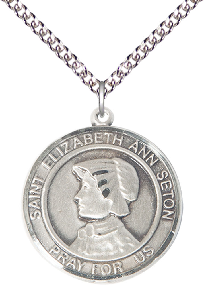 Sterling Silver Saint Elizabeth Ann Seton Pendant on a 24 inch Sterling Silver Heavy Curb chain