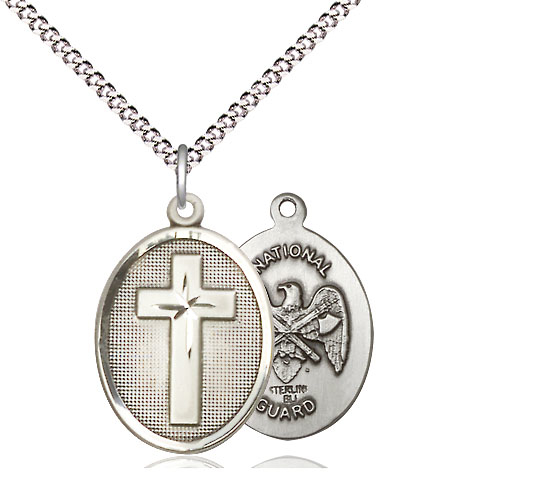 Sterling Silver Cross National Guard Pendant on a 18 inch Light Rhodium Light Curb chain