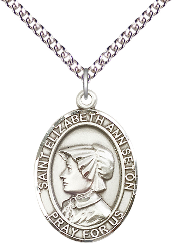 Sterling Silver Saint Elizabeth Ann Seton Pendant on a 24 inch Sterling Silver Heavy Curb chain
