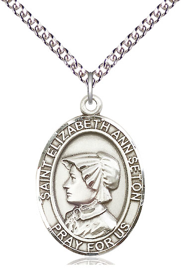 Sterling Silver Saint Elizabeth Ann Seton Pendant on a 24 inch Sterling Silver Heavy Curb chain