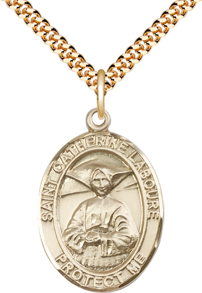 14kt Gold Filled Saint Catherine Laboure Pendant on a 24 inch Gold Plate Heavy Curb chain