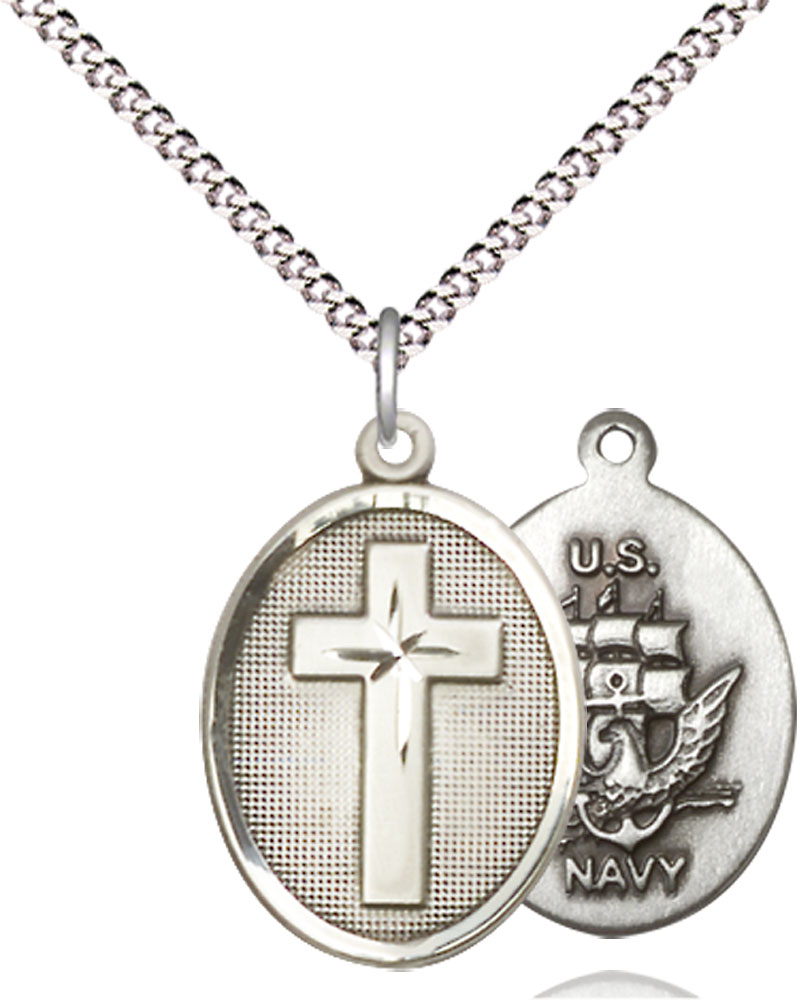 Sterling Silver Cross Navy Pendant on a 18 inch Light Rhodium Light Curb chain