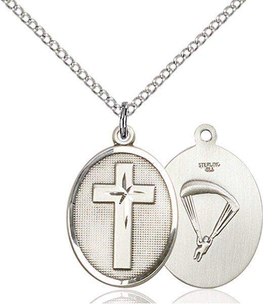 Sterling Silver Cross Paratroopers Pendant on a 18 inch Light Rhodium Light Curb chain
