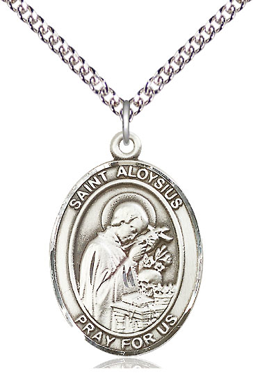 Sterling Silver Saint Aloysius Gonzaga Pendant on a 24 inch Sterling Silver Heavy Curb chain