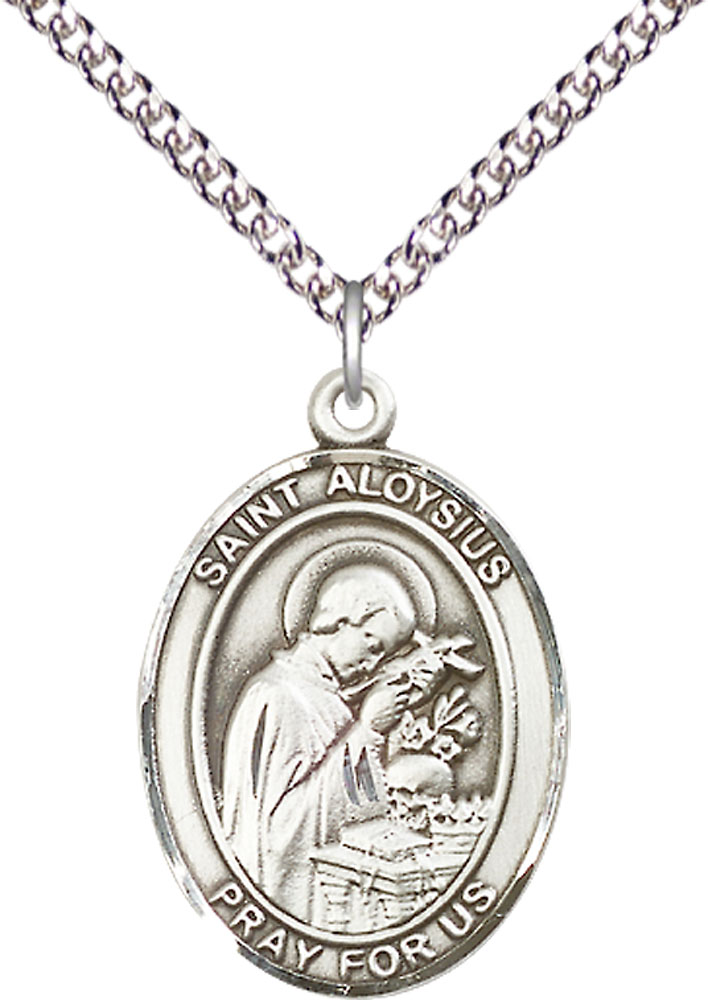 Sterling Silver Saint Aloysius Gonzaga Pendant on a 24 inch Sterling Silver Heavy Curb chain