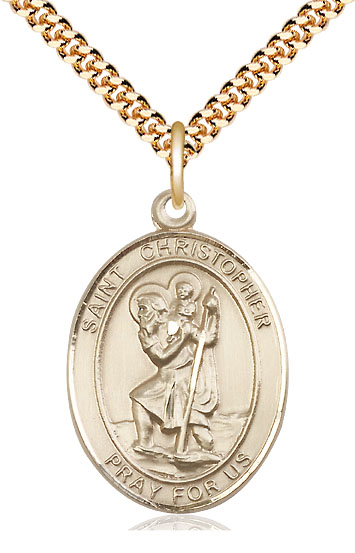 14kt Gold Filled Saint Christopher Pendant on a 24 inch Gold Plate Heavy Curb chain