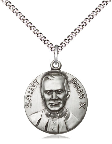 Sterling Silver Pope Pius X Pendant on a 18 inch Light Rhodium Light Curb chain