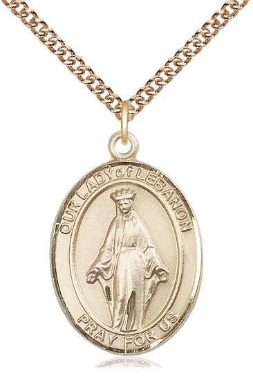 14kt Gold Filled Our Lady of Lebanon Pendant on a 24 inch Gold Filled Heavy Curb chain