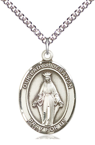 Sterling Silver Our Lady of Lebanon Pendant on a 24 inch Sterling Silver Heavy Curb chain