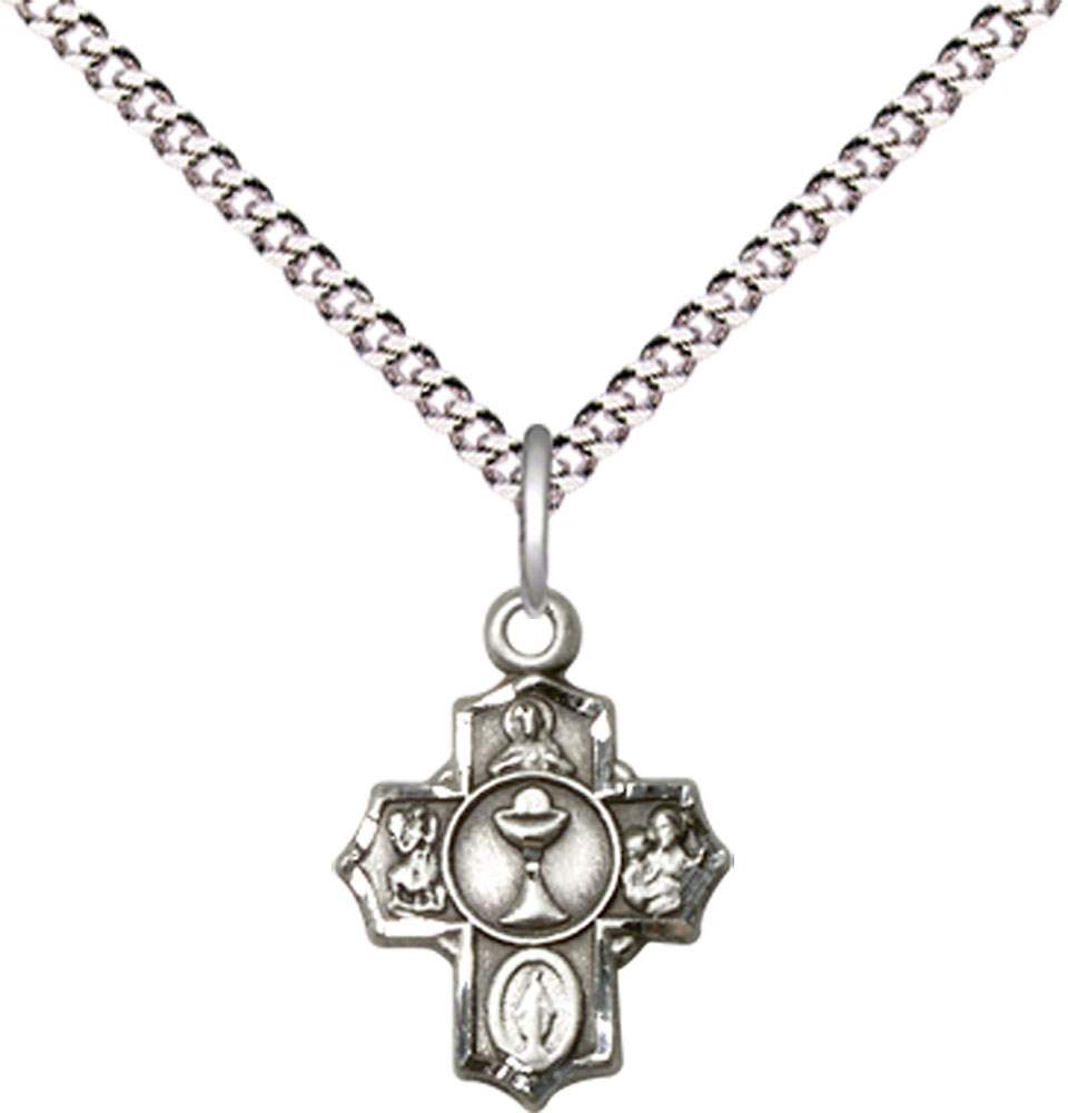 Sterling Silver Communion 5-Way Pendant on a 18 inch Light Rhodium Light Curb chain