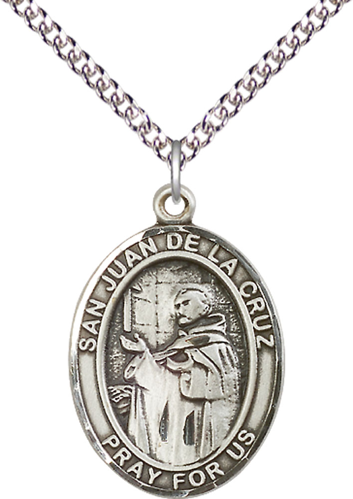 Sterling Silver San Juan de la Cruz Pendant on a 24 inch Sterling Silver Heavy Curb chain
