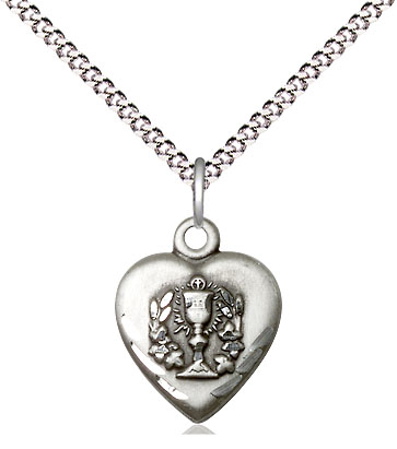 Sterling Silver Heart / Communion Pendant on a 18 inch Light Rhodium Light Curb chain