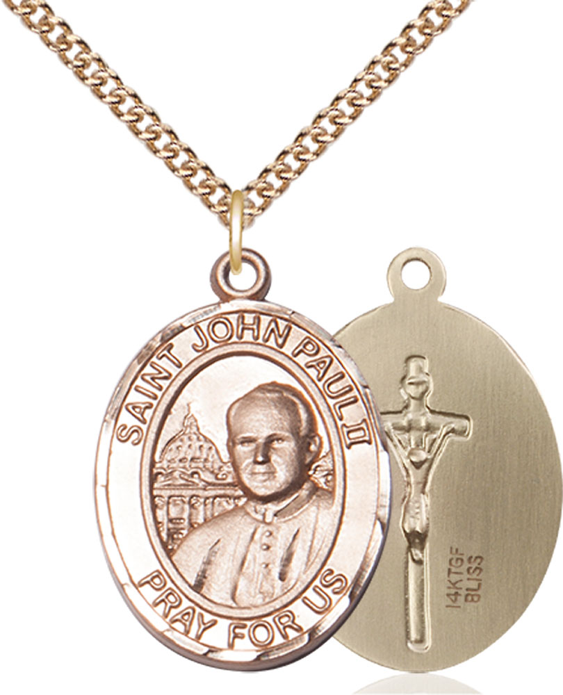 14kt Gold Filled Saint John Paul II Pendant on a 24 inch Gold Filled Heavy Curb chain