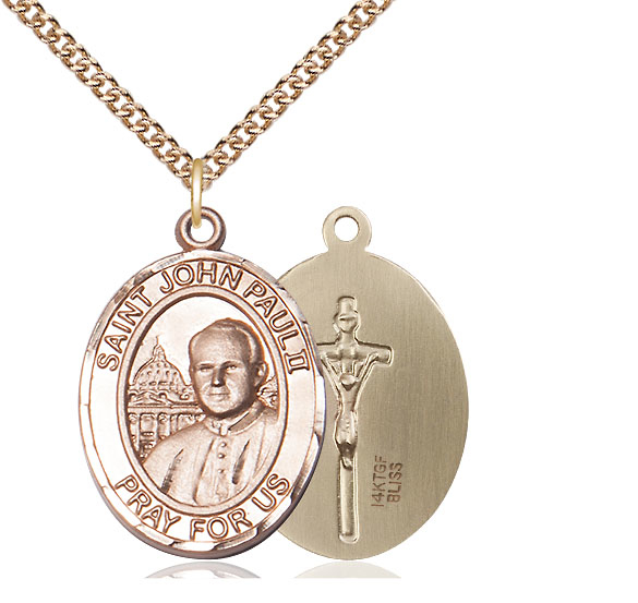 14kt Gold Filled Saint John Paul II Pendant on a 24 inch Gold Filled Heavy Curb chain